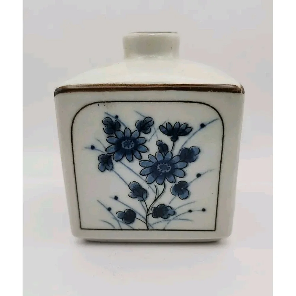 VINTAGE OMC Japan Brand - Square  Bud Vase - Blue Flowers &‎ Design MCM